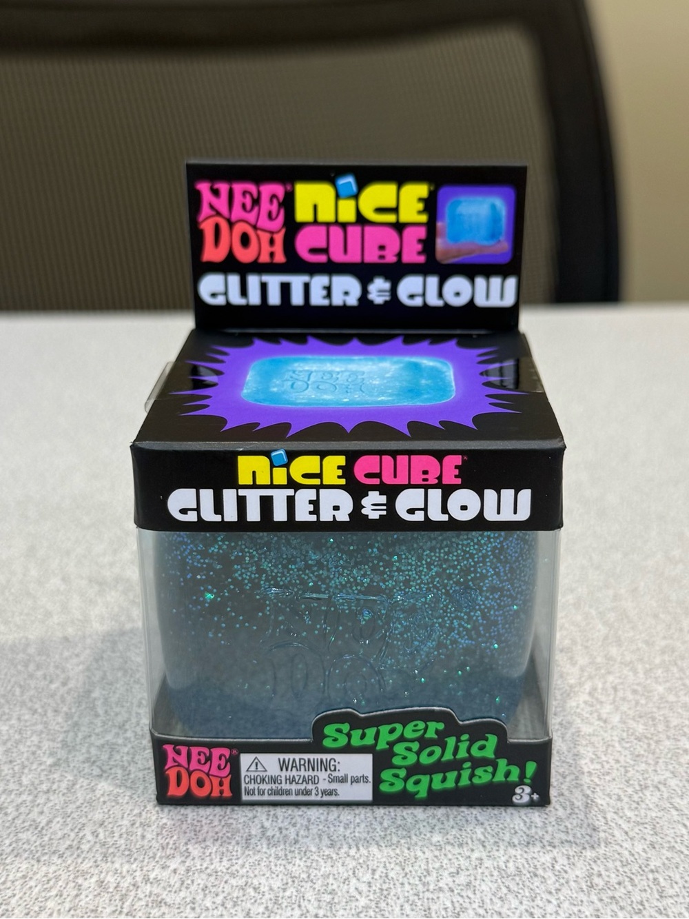 NeeDoh BLUE Glitter & Glow Nice Cube Super Solid Squish Stress Reliever Squishy